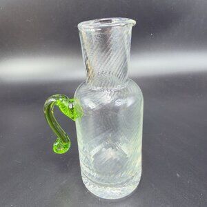 Venetian Italian Art Glass Small Pitcher Creamer Jug With Green Handle Optic VTG